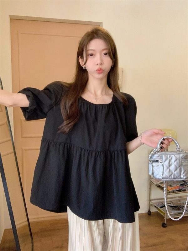 Summer slim shirt square collar puff sleeve tops
