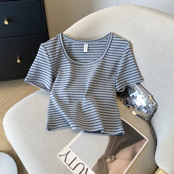 Slim stripe T-shirt short sleeve short tops for women
